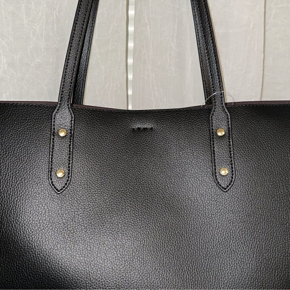 COACH Black Leather Gold Tone Logo Town Tote - Picture 4 of 13